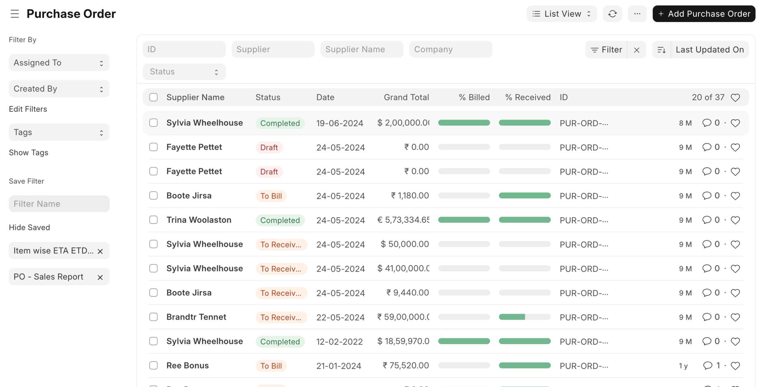 A live ERPNext purchase order list implemented by Techno Serve