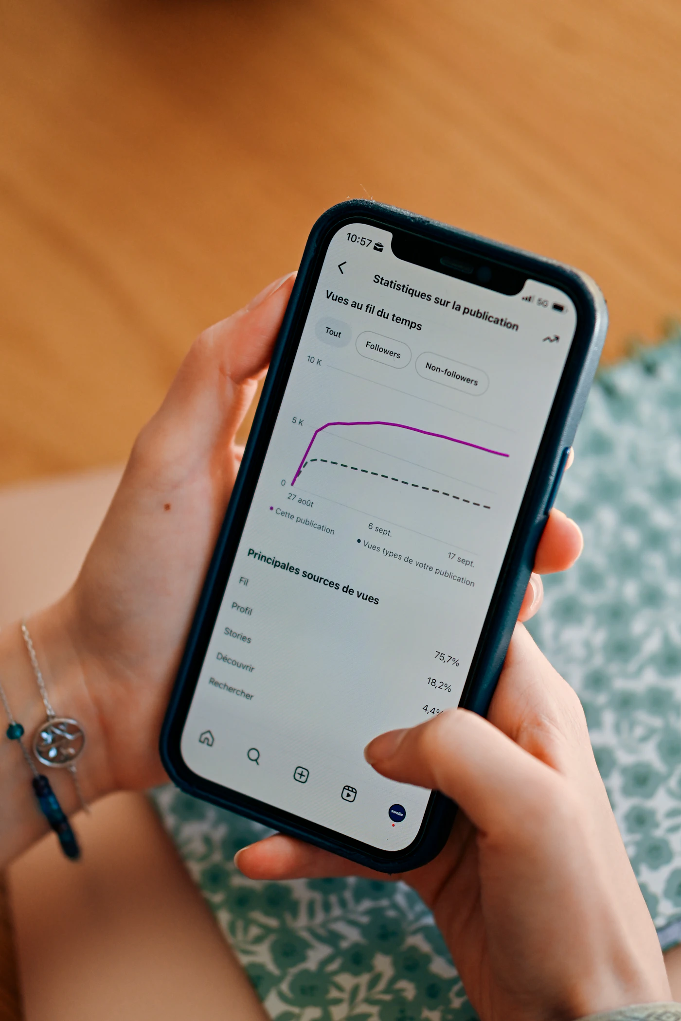 Person reviewing social media analytics on a smartphone