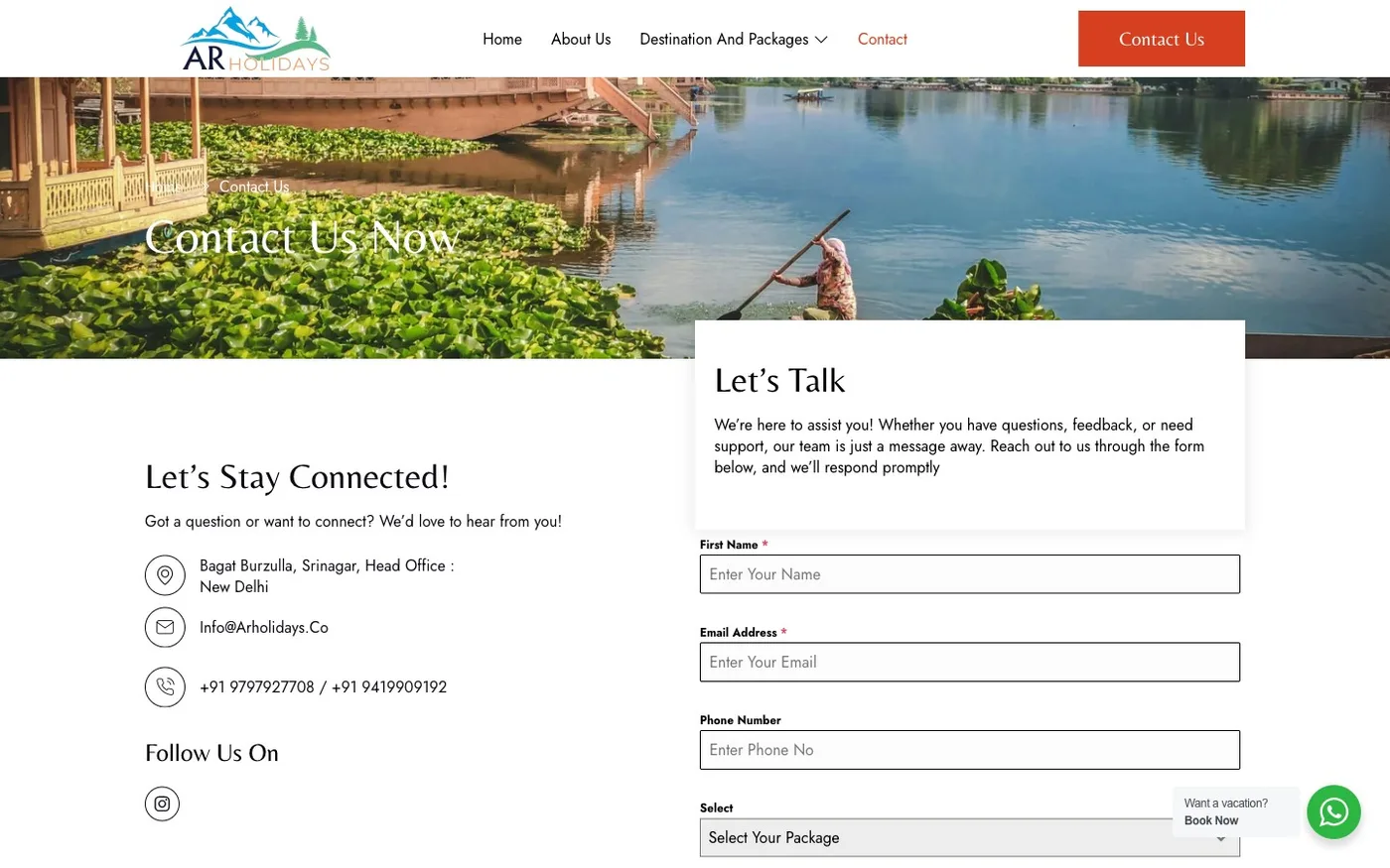AR Holidays contact page