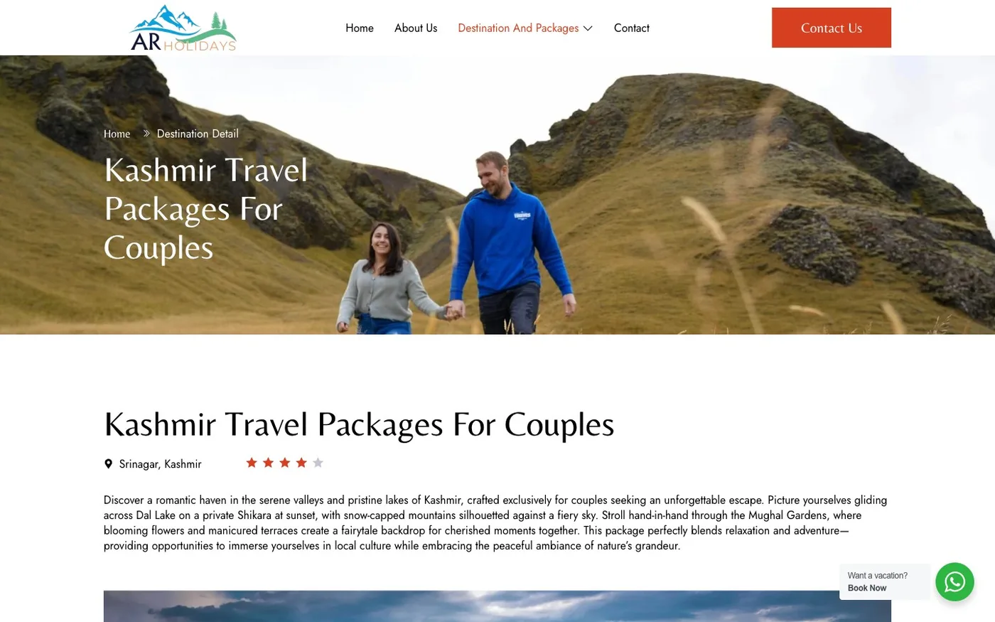 AR Holidays Kashmir couples package page
