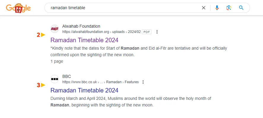 Ramadan timetable page
