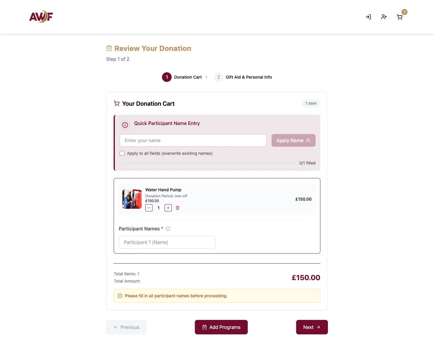 Donation flow - step 6: Basket, Gift Aid & pay