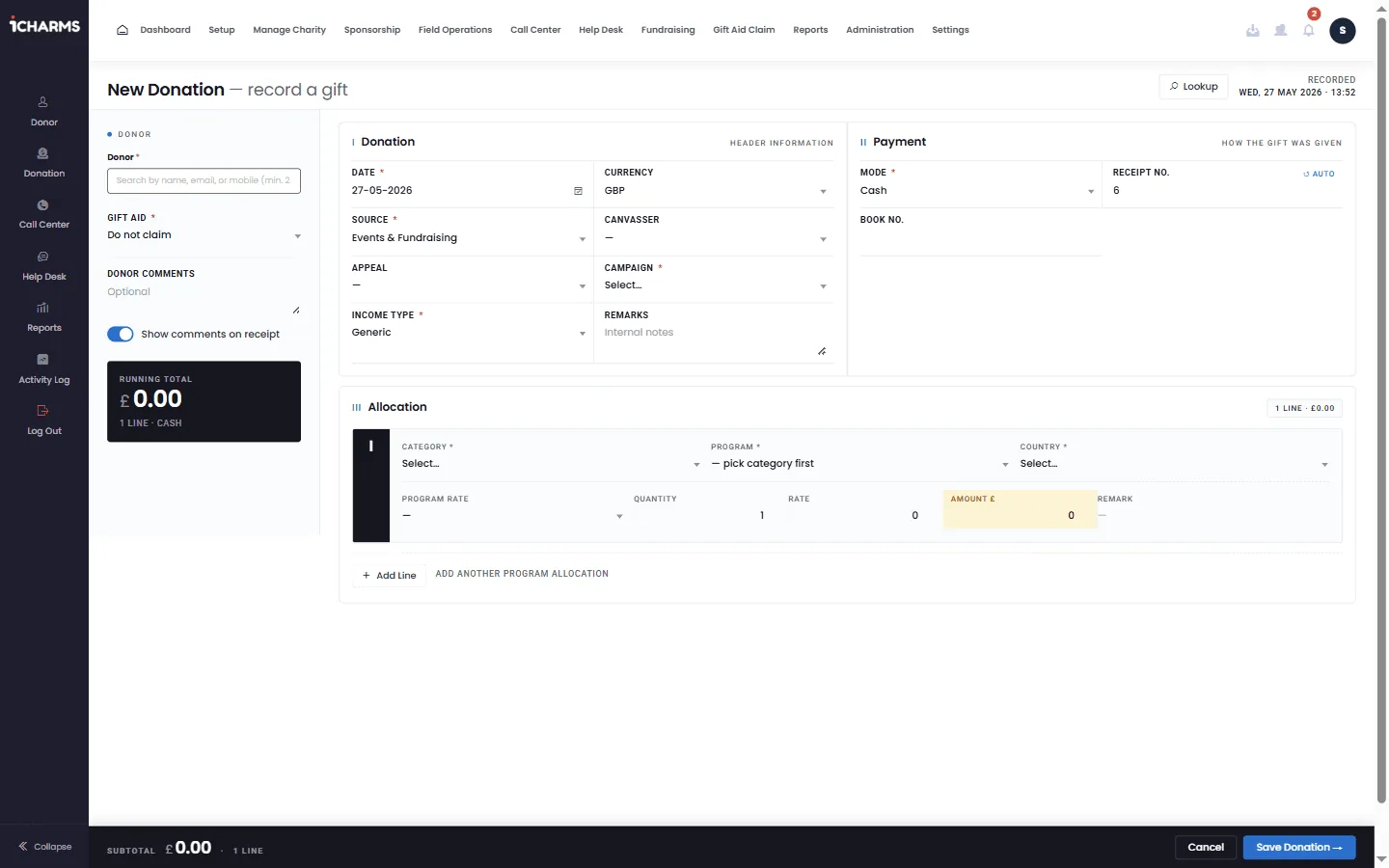 Record a donation with payment details