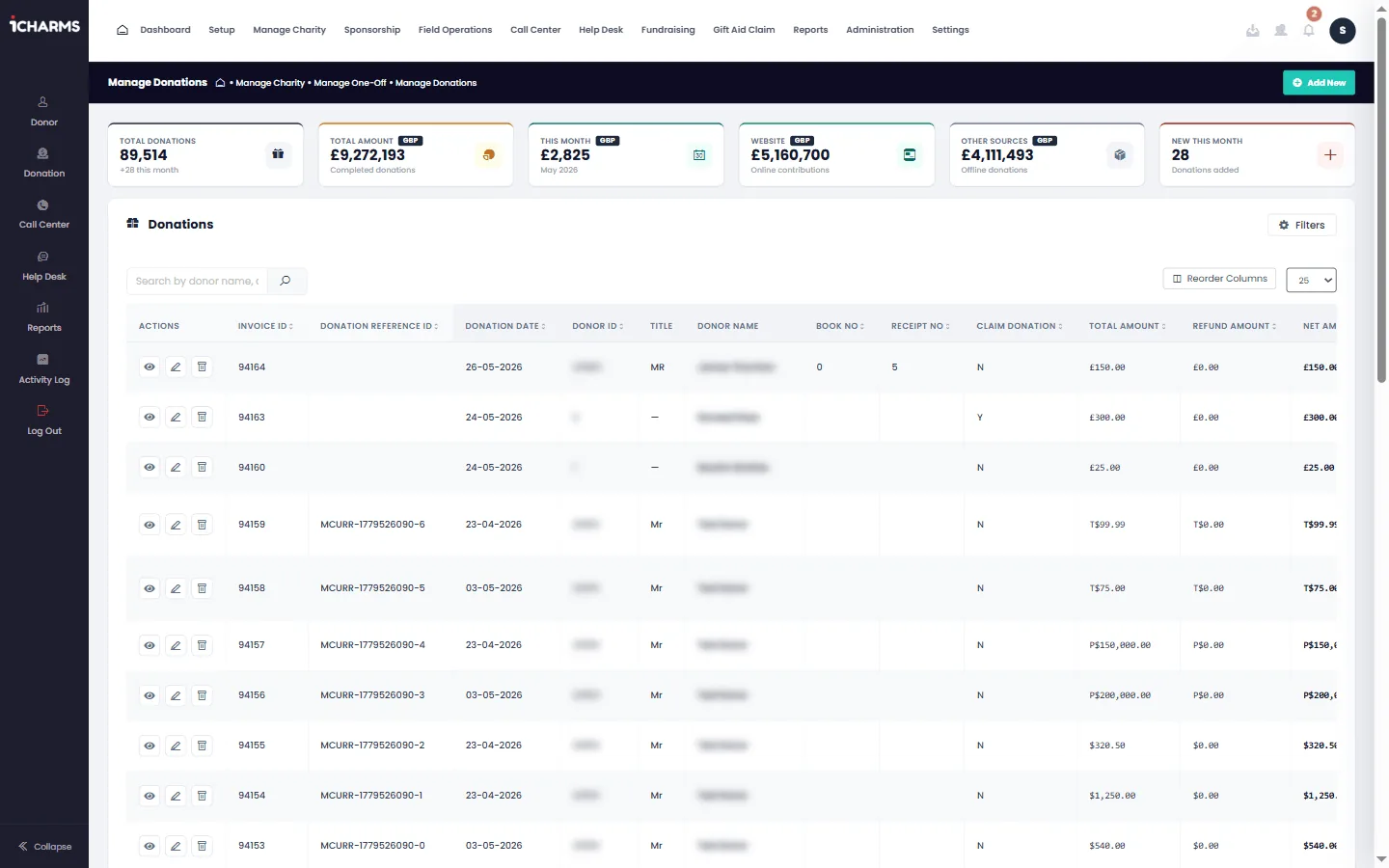 Donation list with reconciliation status