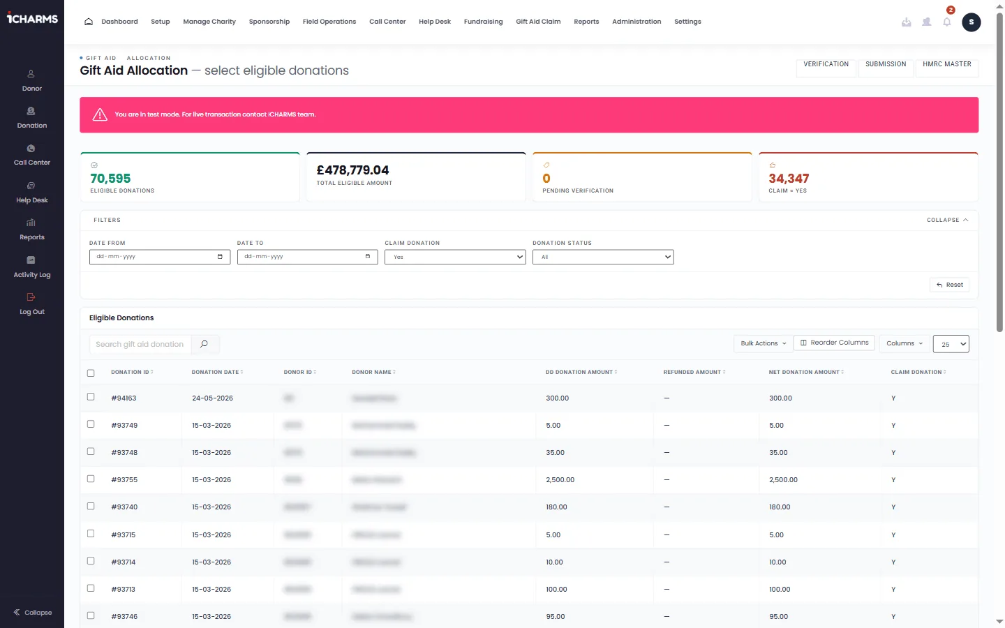 iCHARMS Gift Aid - Select eligible donations to claim.