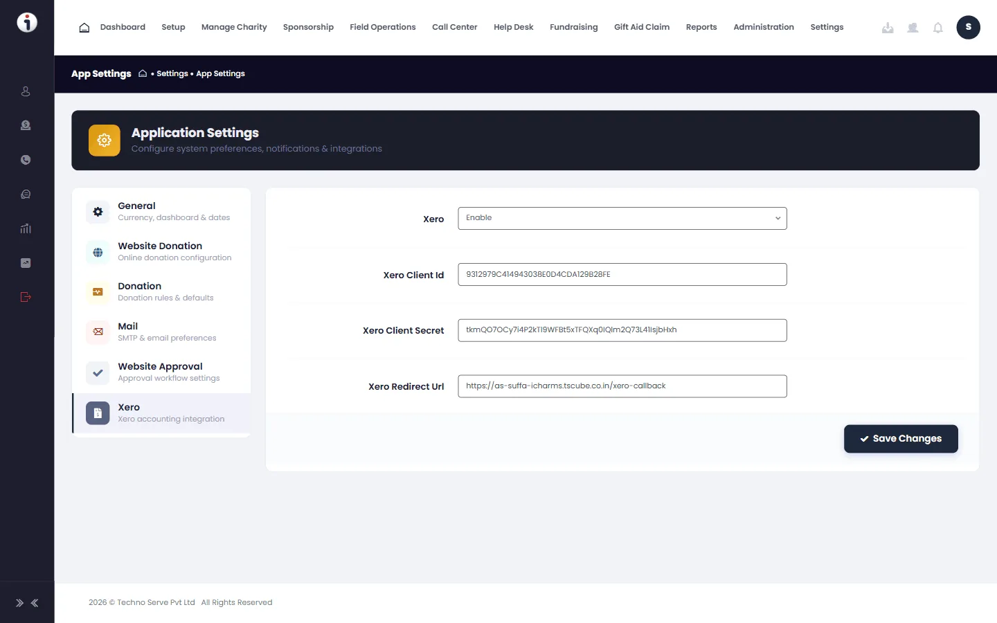 The Xero accounting integration, built into iCHARMS settings
