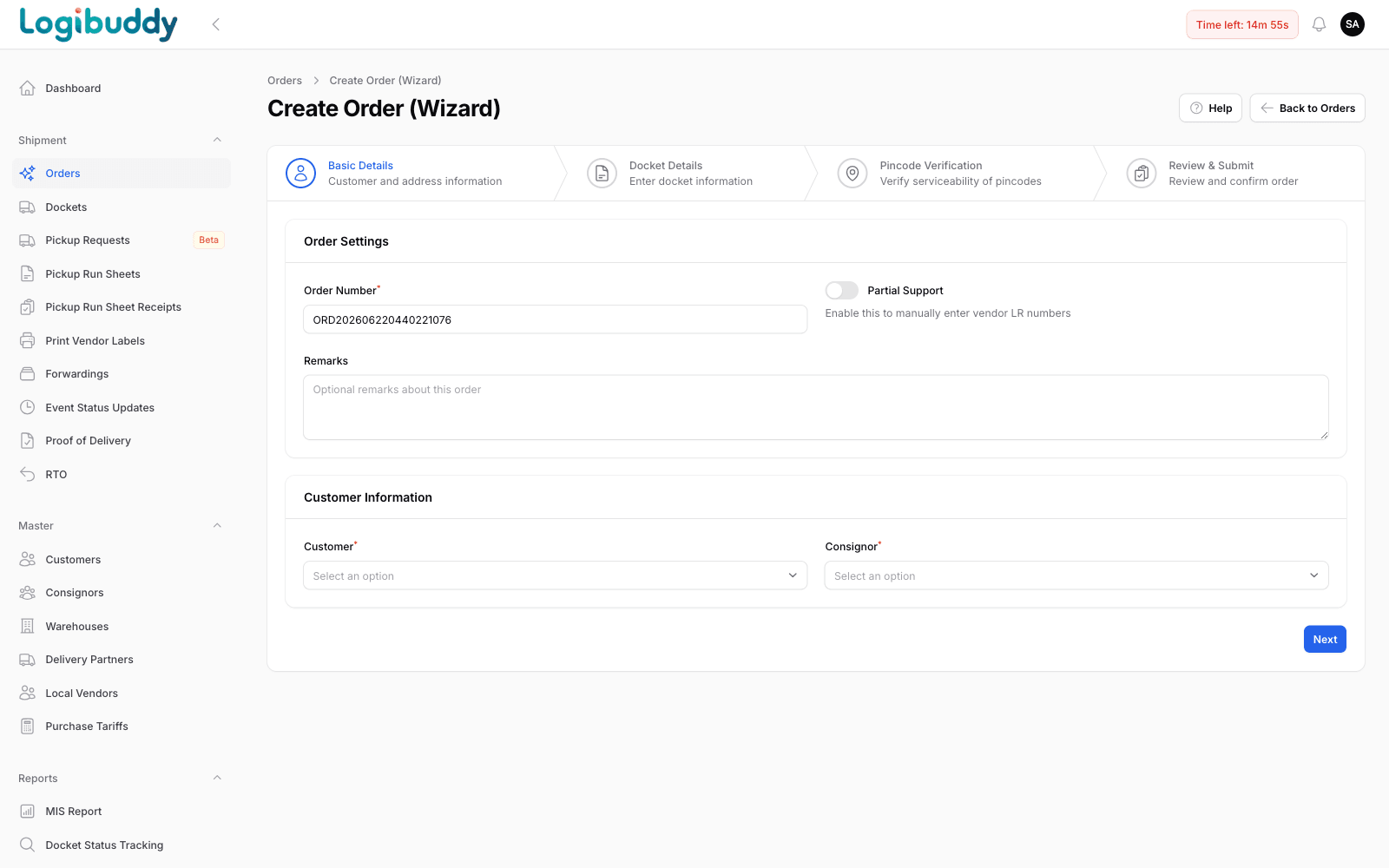 Book a shipment in a guided flow.