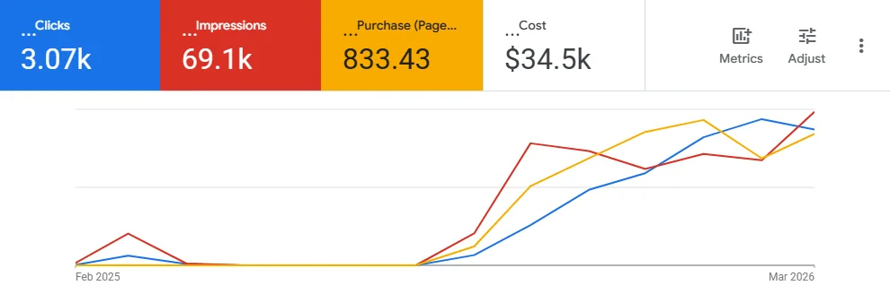 A real Google Ad Grants dashboard: Charity B - 3.07k free clicks