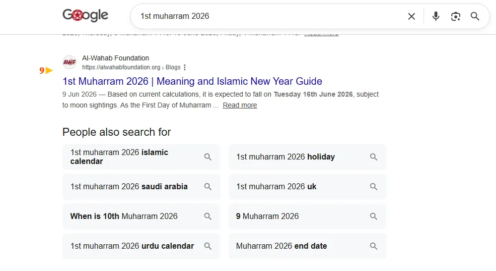 Google result: Al-Wahab Foundation ranks #5 for “1st muharram 2026”
