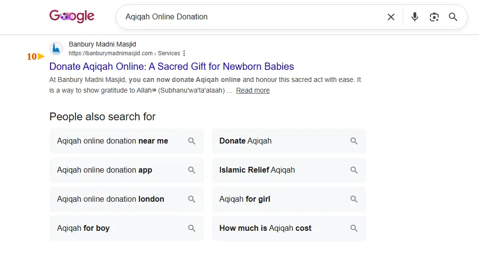 Google result: Banbury Madni Masjid ranks #10 for “aqiqah online donation”