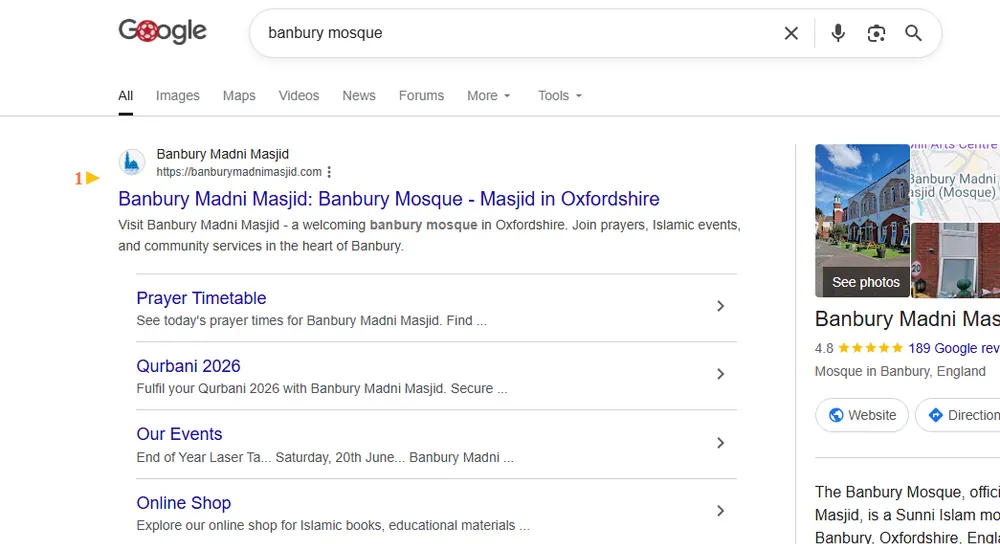 A real Google search result: Banbury Madni Masjid ranking #1 for “banbury mosque”