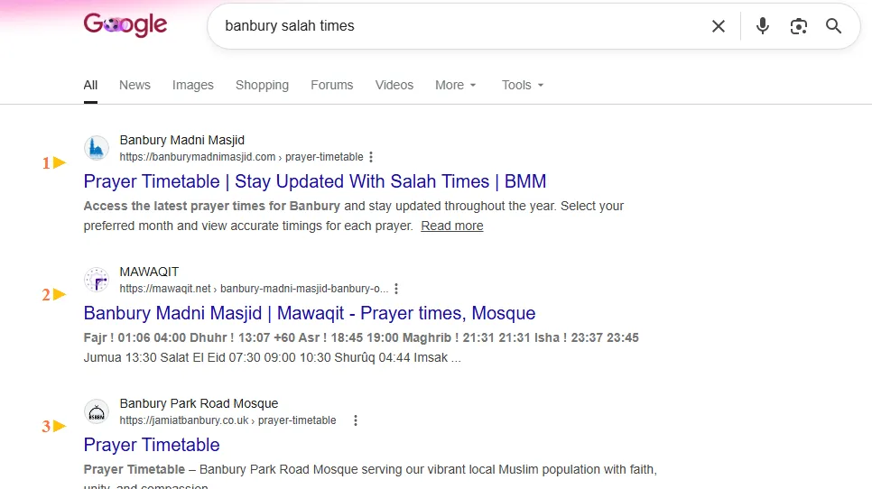 Google result: Banbury Madni Masjid ranks #1 for “banbury salah times”
