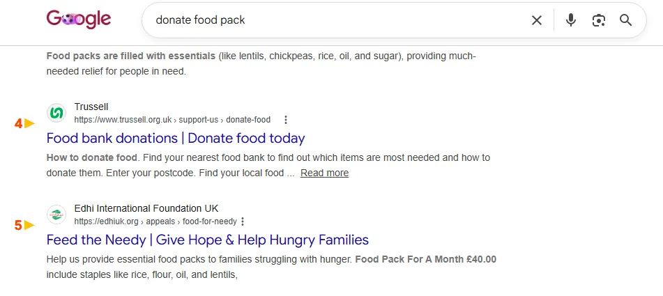 Google result: Edhi Foundation UK ranks #5 for “donate a food pack”