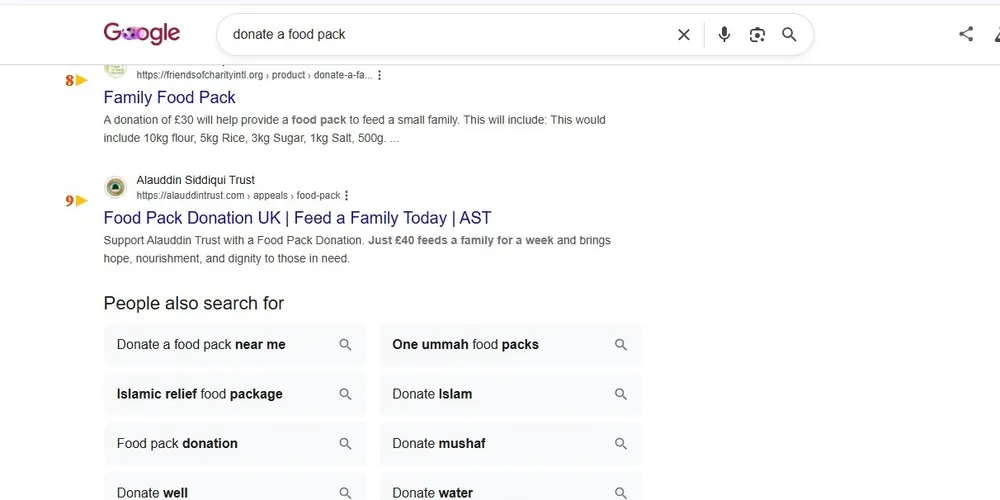 Google result: Alauddin Siddique Trust ranks #9 for “donate food pack”