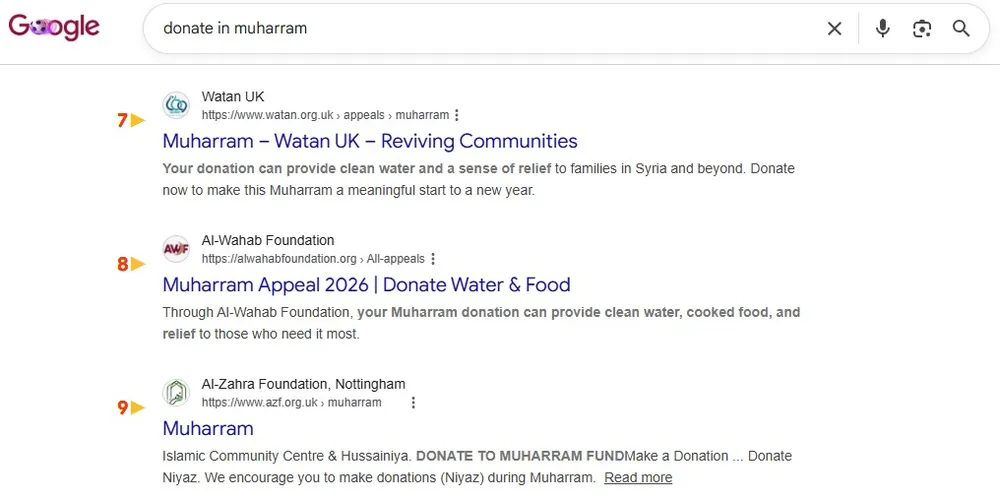 Google result: Al-Wahab Foundation ranks #4 for “donate for muharram”