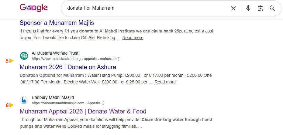 Google result: Banbury Madni Masjid ranks #6 for “donate for muharram”