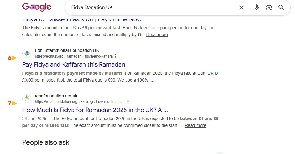 Google result: Edhi Foundation UK ranks #6 for “fidya donation uk”