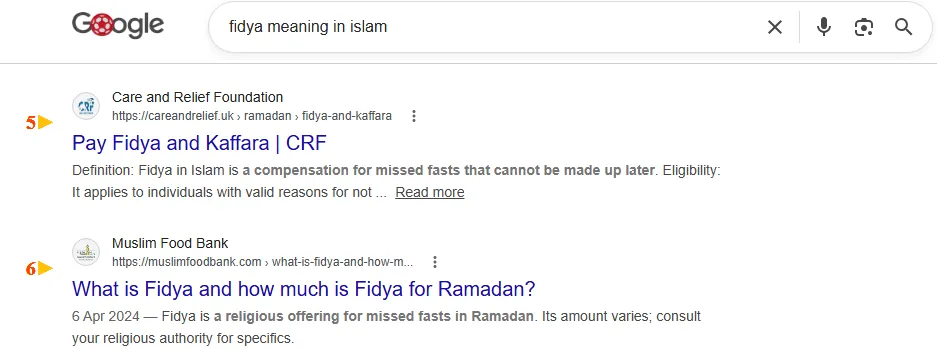 Google result: Care and Relief Foundation ranks #5 for “fidya meaning in islam”