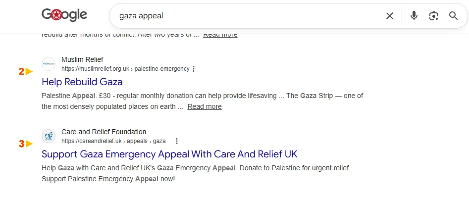 A real Google search result: Care and Relief Foundation ranking #3 for “gaza appeal”