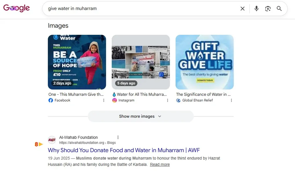 Google result: Al-Wahab Foundation ranks #8 for “give water in muharram”
