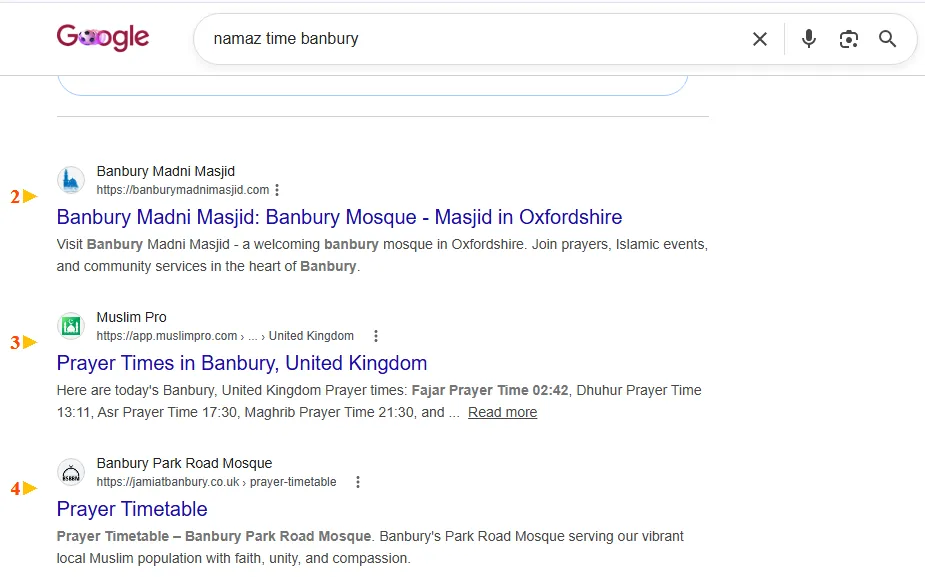 Google result: Banbury Madni Masjid ranks #2 for “namaz time banbury”