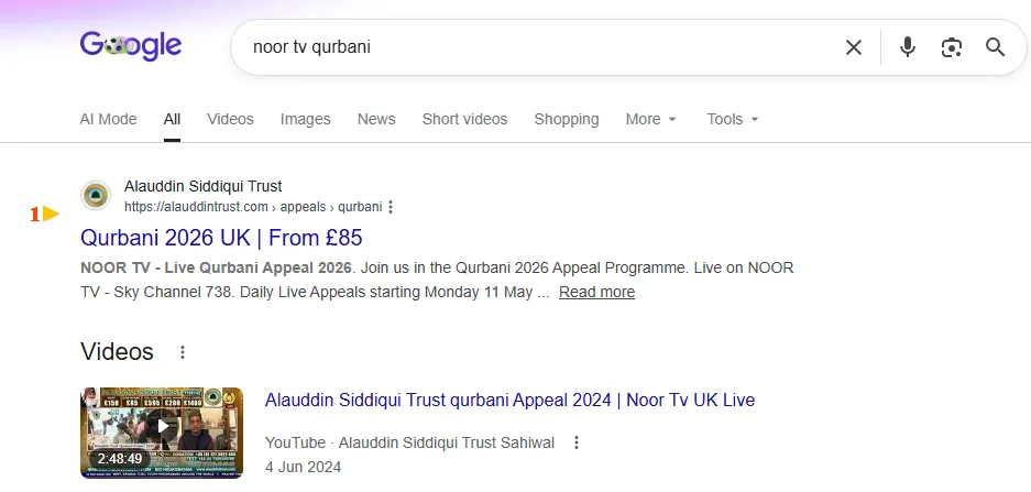 Google result: Alauddin Siddique Trust ranks #1 for “noor tv qurbani”