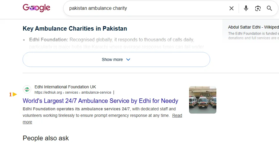 A real Google search result: Edhi Foundation UK ranking #1 for “pakistan ambulance charity”
