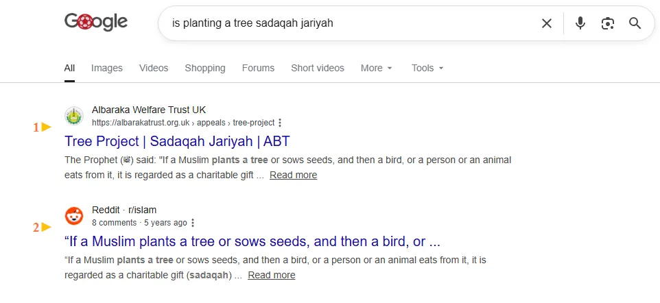 Google result: Albaraka Welfare Trust ranks #1 for “is planting a tree sadaqah jariyah”