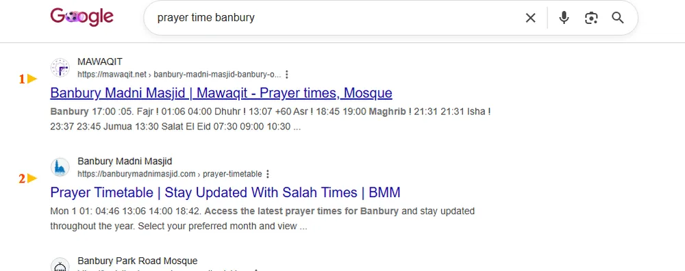 Google result: Banbury Madni Masjid ranks #2 for “prayer time banbury”
