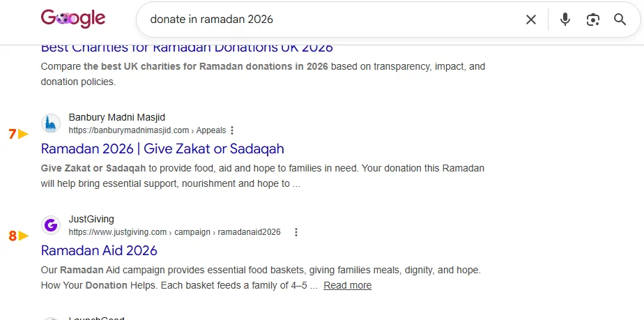 A real Google search result: Banbury Madni Masjid ranking #4 for “ramadan 2026”