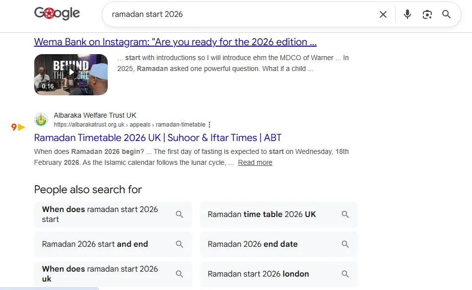 Google result: Albaraka Welfare Trust ranks #6 for “ramadan start 2026”