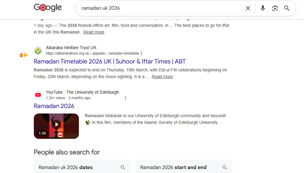 Google result: Albaraka Welfare Trust ranks #6 for “ramadan uk 2026”