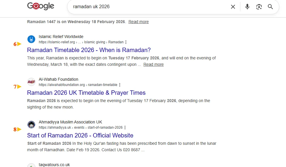 Google result: Al-Wahab Foundation ranks #7 for “ramadan uk 2026”