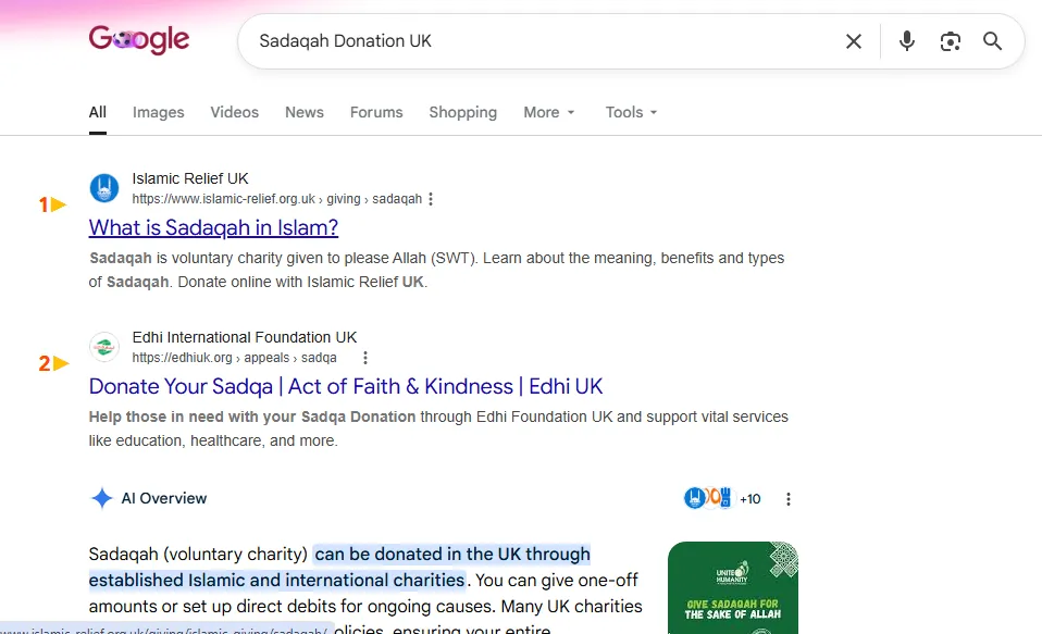 A real Google search result: Edhi Foundation UK ranking #2 for “sadaqah donation uk”