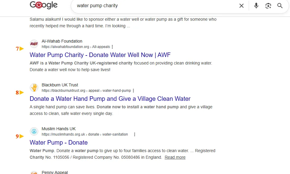 Google result: Al-Wahab Foundation ranks #7 for “water pump charity”